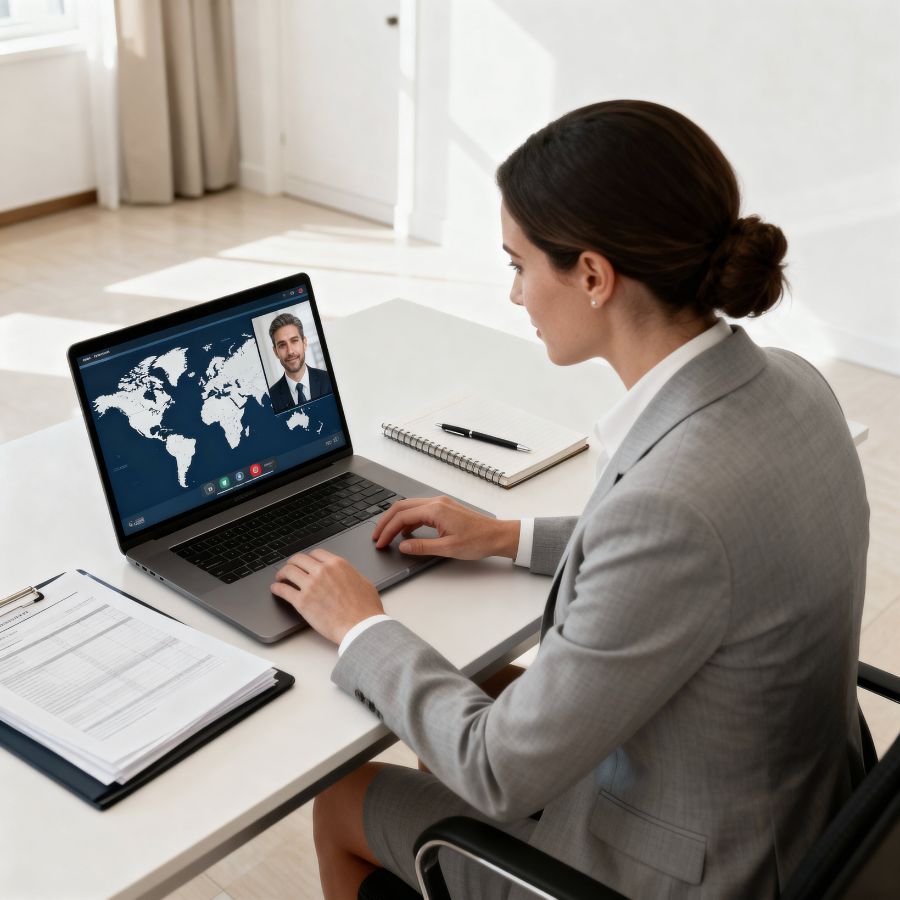 International Real Estate Buyers Woman in a gray suit on a video call with a man, shown on a laptop beside documents and a notebook.