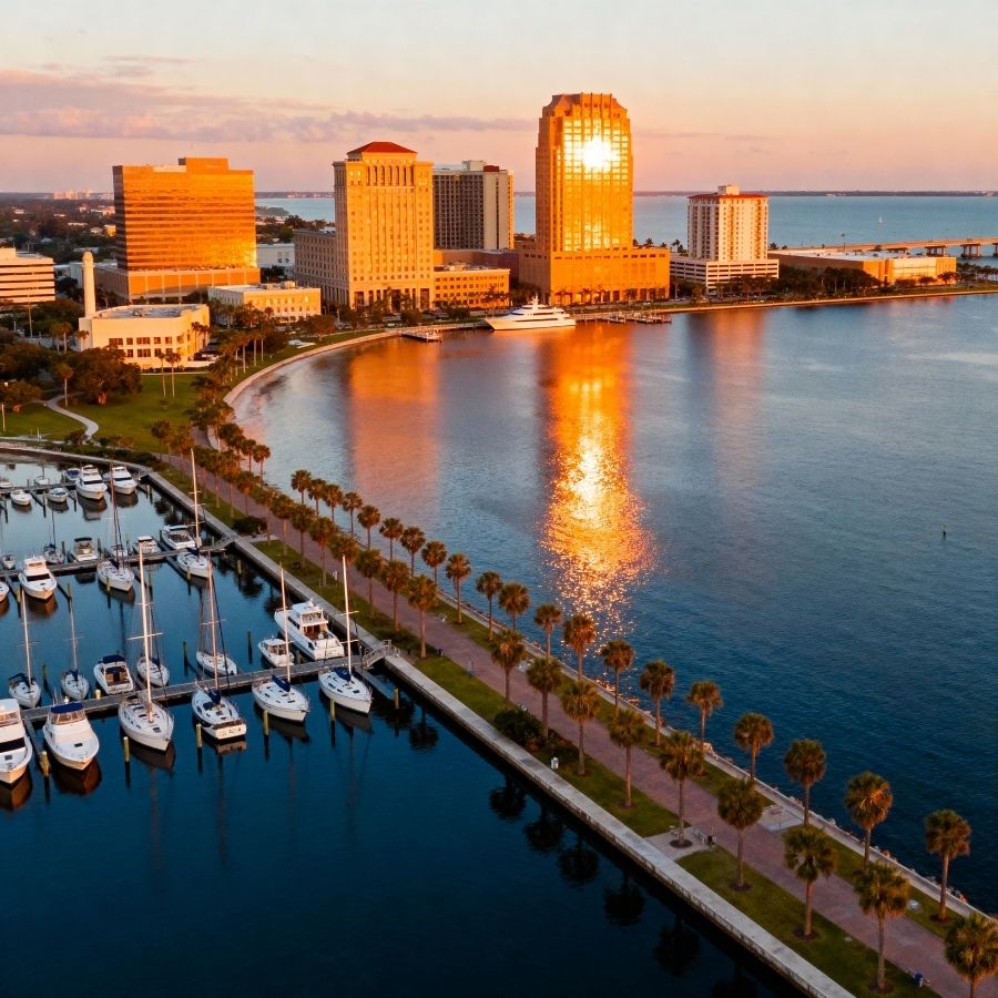 Sunset aerial view of St. Petersburg, Florida waterfront with marina and skyscrapers