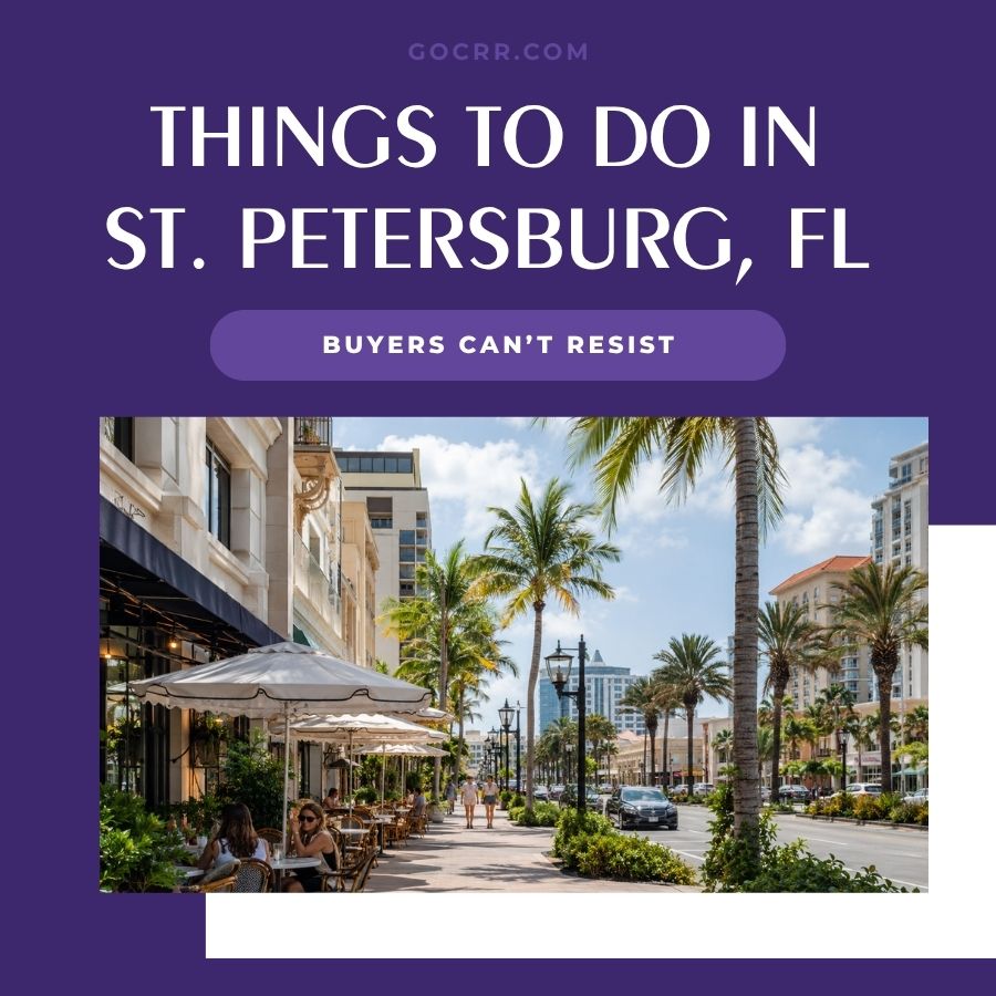 real estate website banner featuring palm trees on a city street under the text "Things to Do in St. Petersburg, FL.
